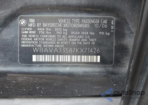 2007 BMW 328I from USA, damaged, VIN WBAVA33587KX71426